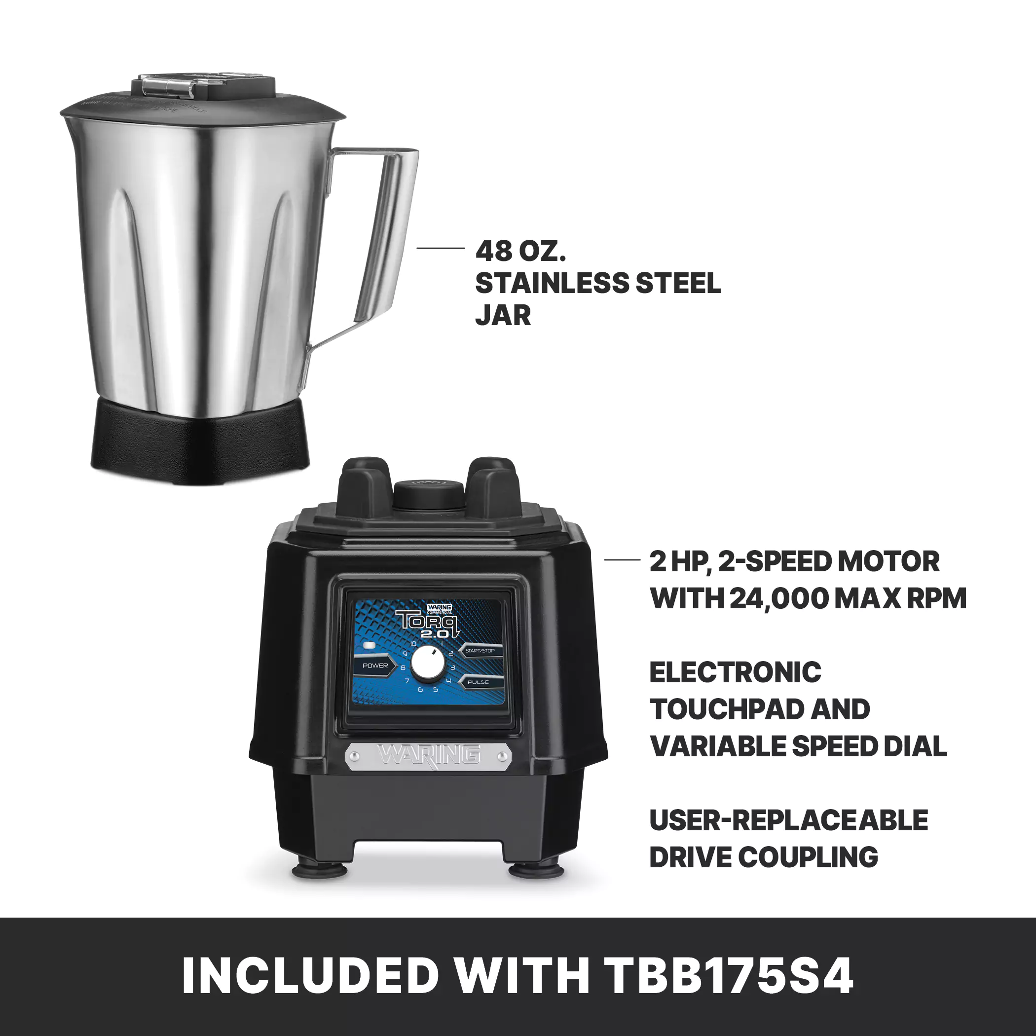 Torq 2.0 Blender with Electronic Touchpad and Variable Speed Control Dial with 48 oz. Stainless Steel Jar